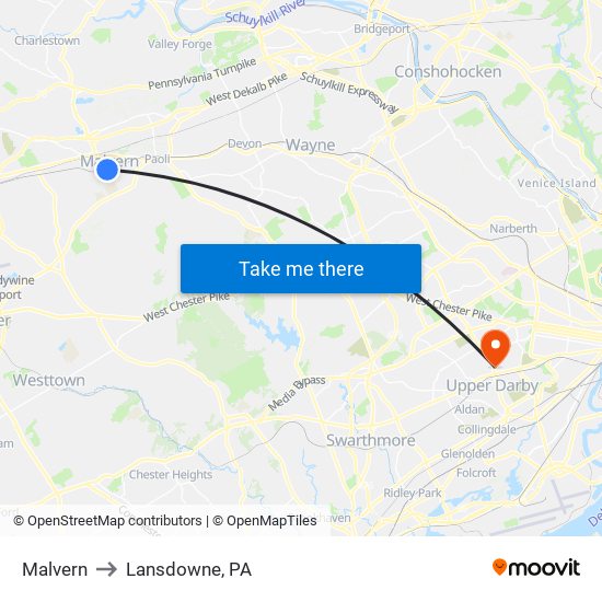 Malvern to Lansdowne, PA map