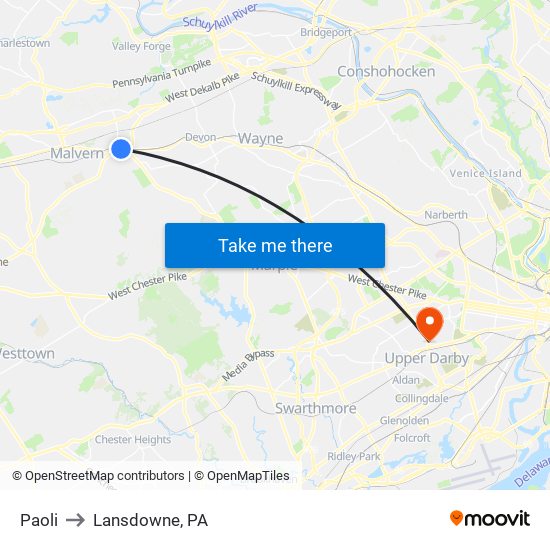 Paoli to Lansdowne, PA map