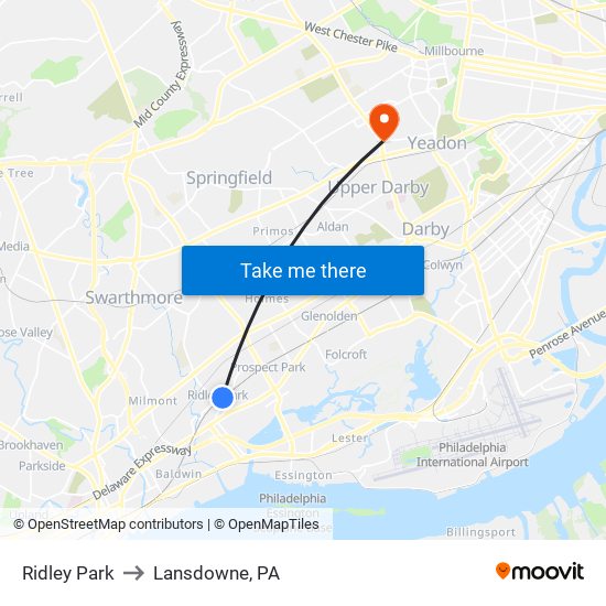 Ridley Park to Lansdowne, PA map