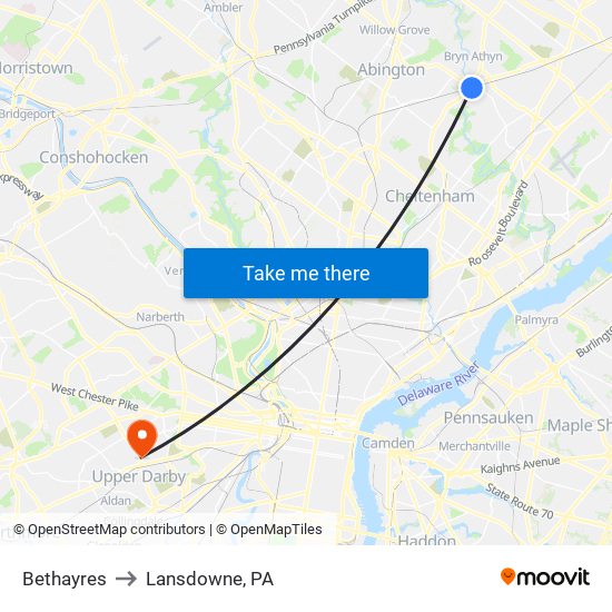 Bethayres to Lansdowne, PA map