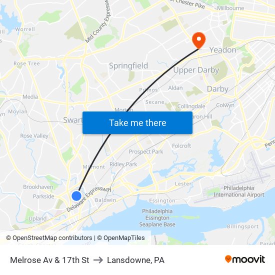 Melrose Av & 17th St to Lansdowne, PA map