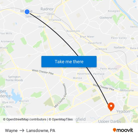 Wayne to Lansdowne, PA map