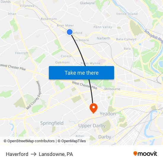 Haverford to Lansdowne, PA map