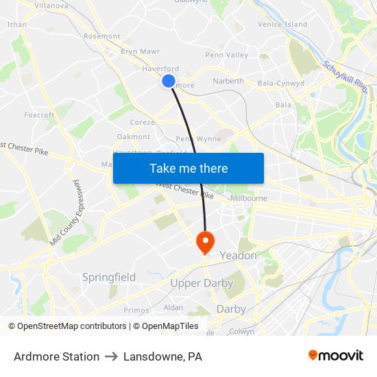 Ardmore Station to Lansdowne, PA map
