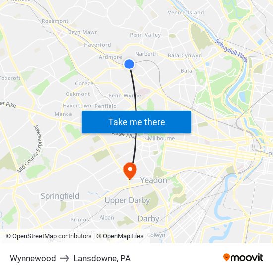 Wynnewood to Lansdowne, PA map