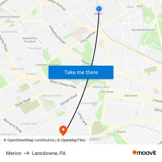 Merion to Lansdowne, PA map