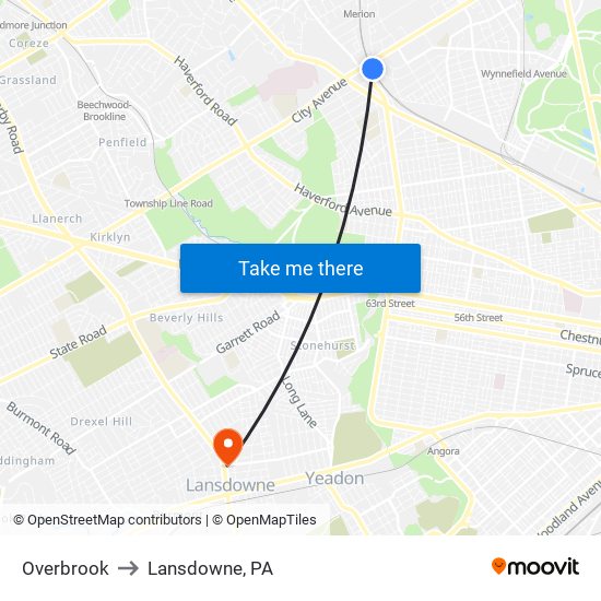 Overbrook to Lansdowne, PA map