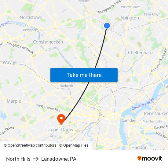 North Hills to Lansdowne, PA map