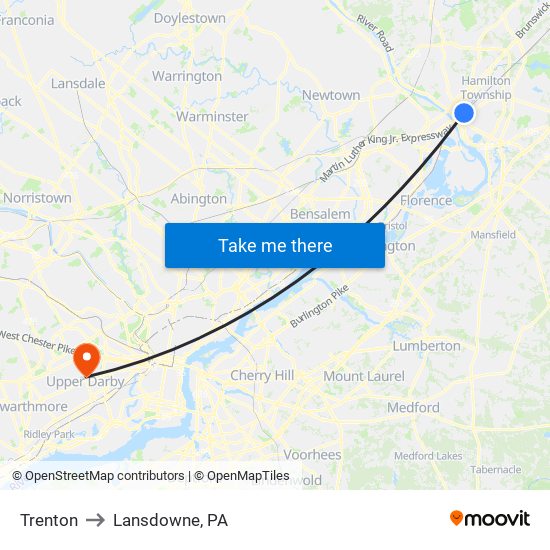 Trenton to Lansdowne, PA map