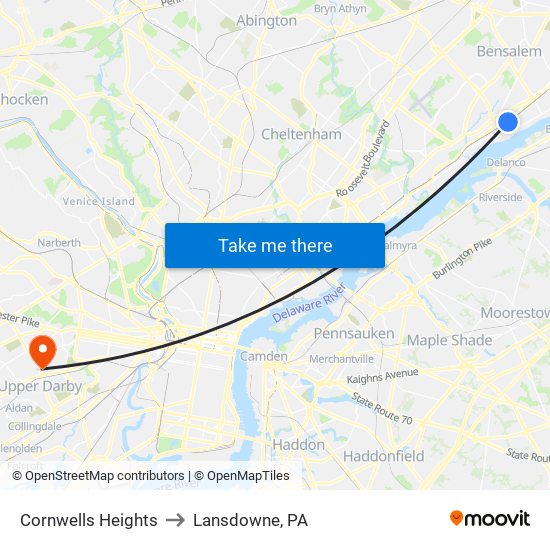 Cornwells Heights to Lansdowne, PA map