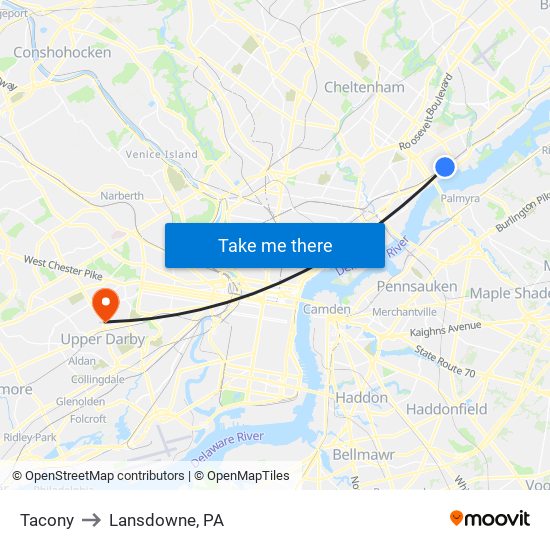 Tacony to Lansdowne, PA map