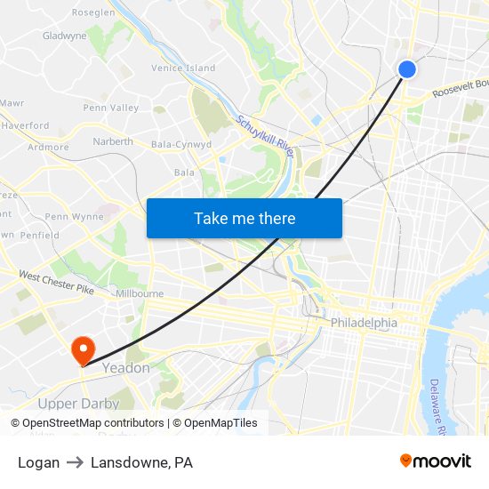 Logan to Lansdowne, PA map