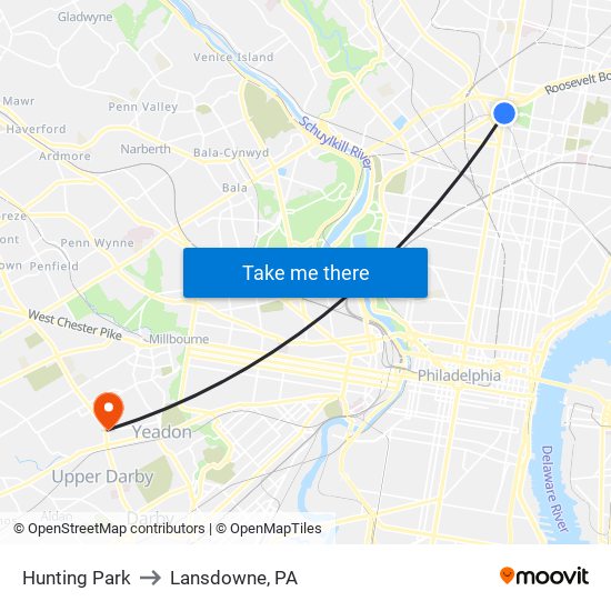 Hunting Park to Lansdowne, PA map