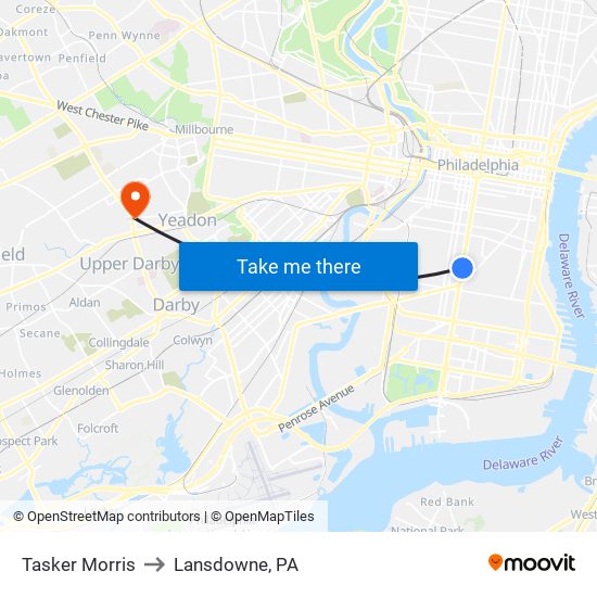 Tasker Morris to Lansdowne, PA map