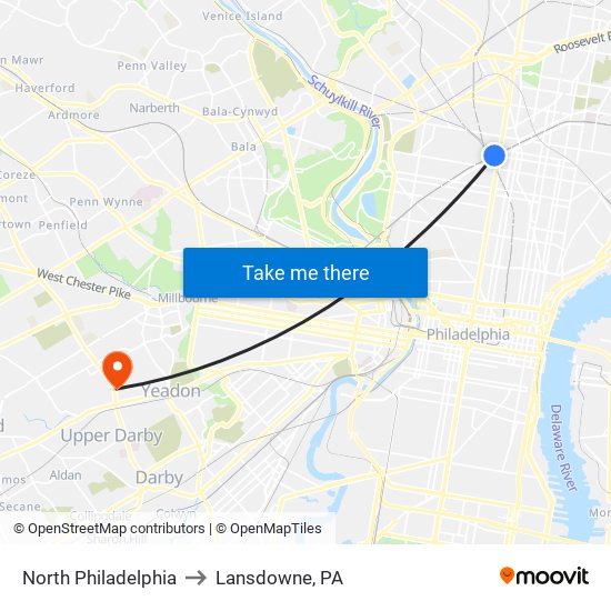 North Philadelphia to Lansdowne, PA map