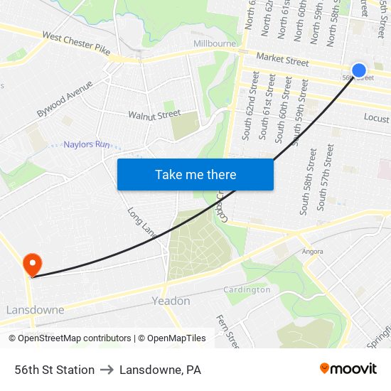 56th St Station to Lansdowne, PA map