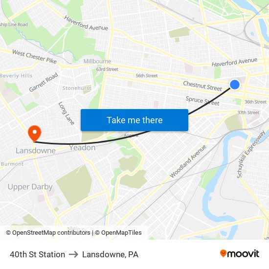 40th St Station to Lansdowne, PA map