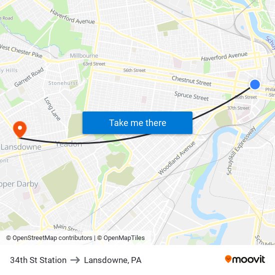 34th St Station to Lansdowne, PA map