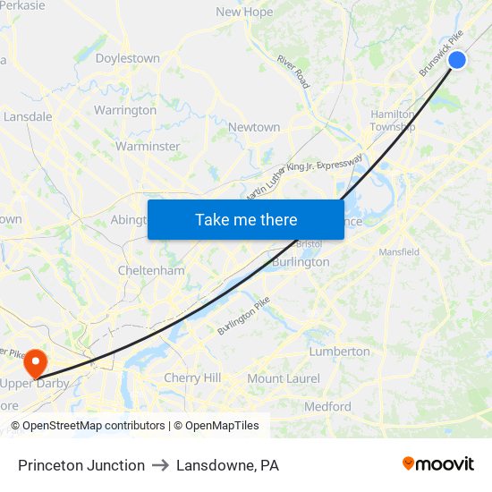 Princeton Junction to Lansdowne, PA map
