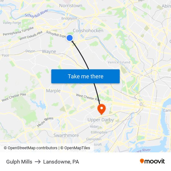 Gulph Mills to Lansdowne, PA map