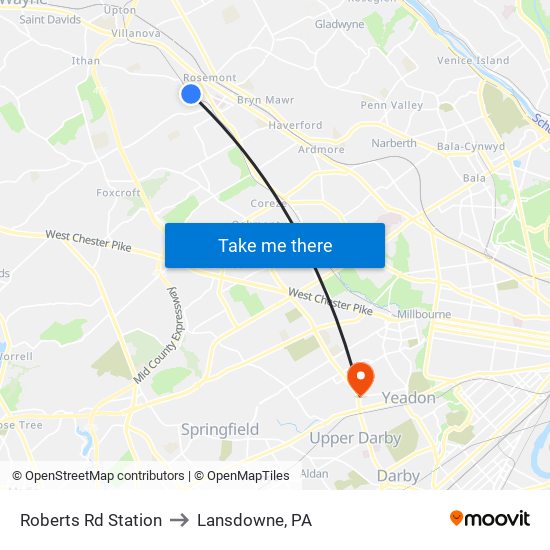 Roberts Rd Station to Lansdowne, PA map