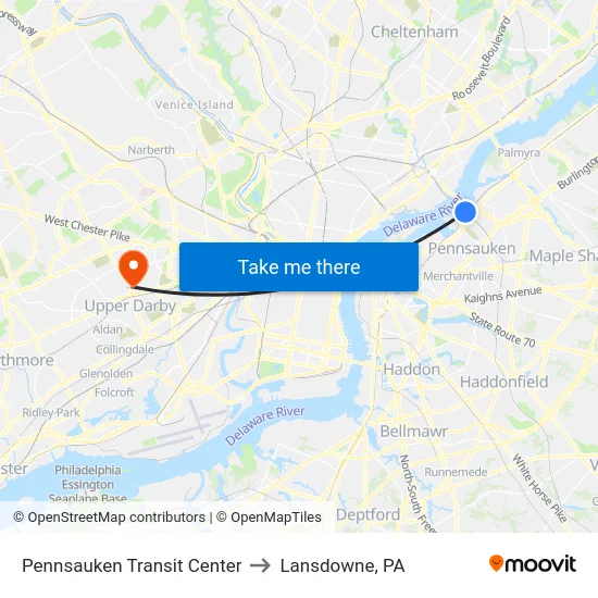 Pennsauken Transit Center to Lansdowne, PA map