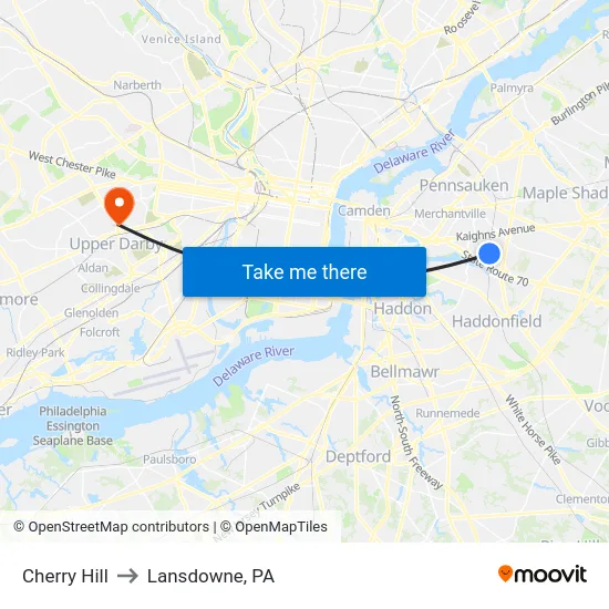 Cherry Hill to Lansdowne, PA map