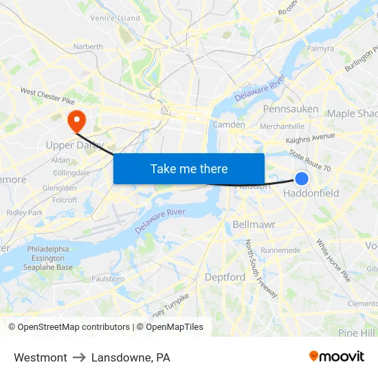 Westmont to Lansdowne, PA map