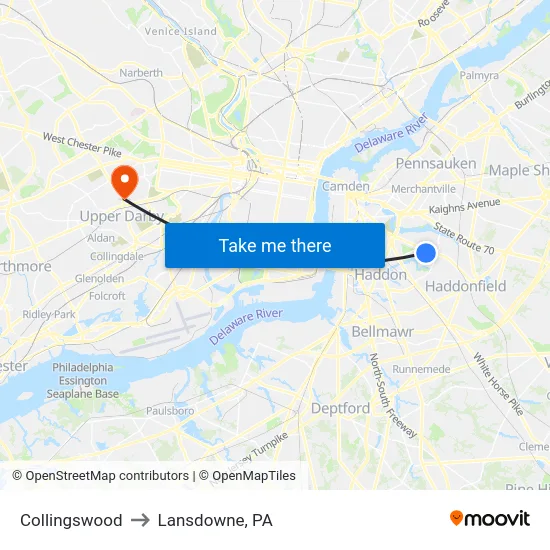 Collingswood to Lansdowne, PA map