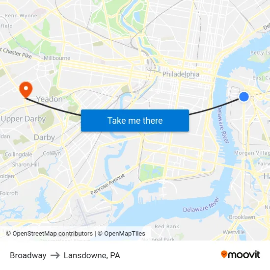 Broadway to Lansdowne, PA map