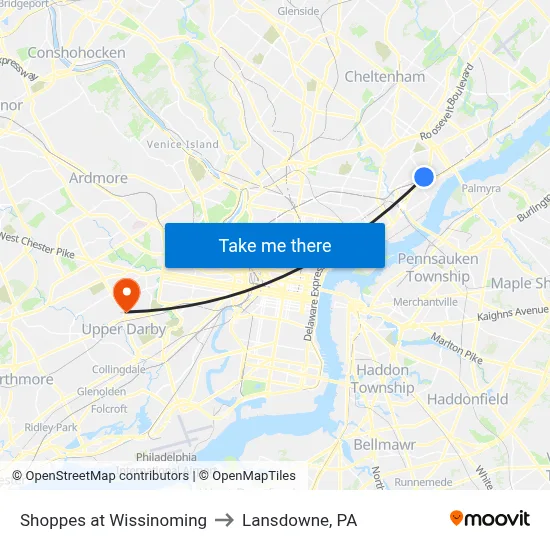 Shoppes at Wissinoming to Lansdowne, PA map
