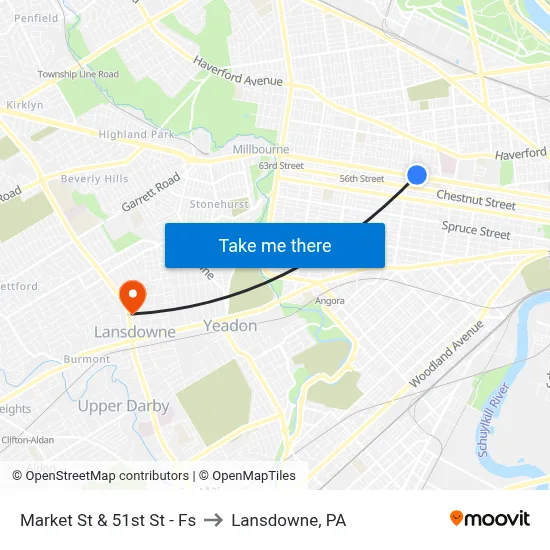 Market St & 51st St - Fs to Lansdowne, PA map