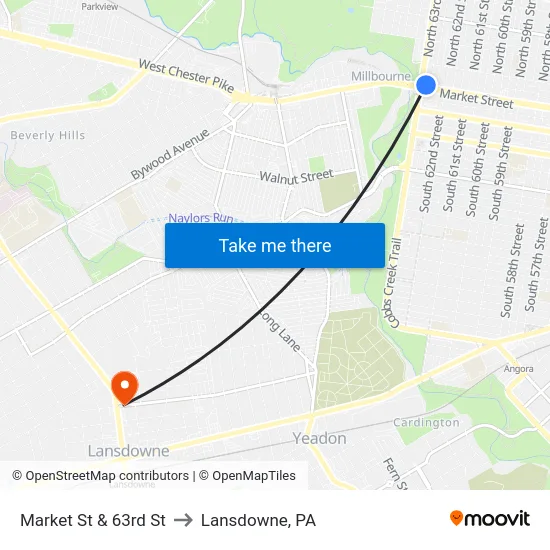 Market St & 63rd St to Lansdowne, PA map
