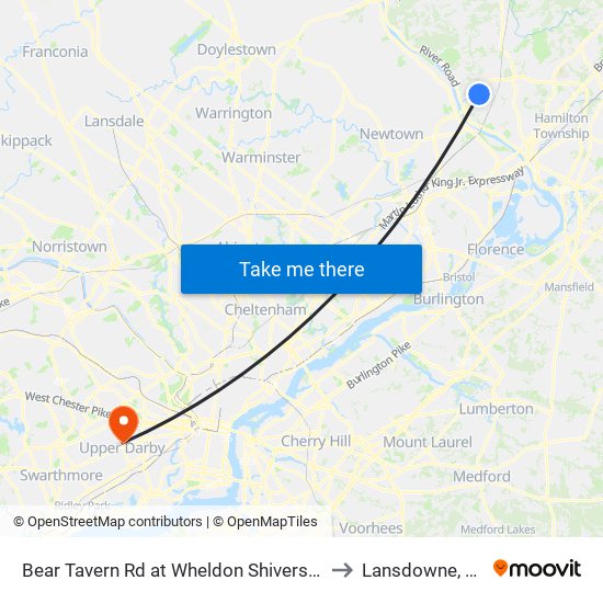 Bear Tavern Rd at Wheldon Shivers Dr to Lansdowne, PA map