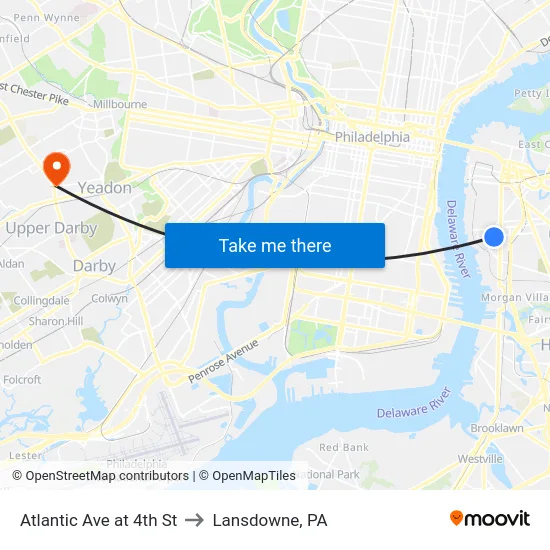 Atlantic Ave at 4th St to Lansdowne, PA map