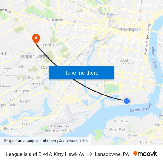 League Island Blvd & Kitty Hawk Av to Lansdowne, PA map