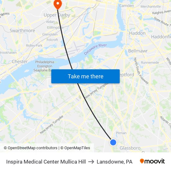 Inspira Medical Center Mullica Hill to Lansdowne, PA map