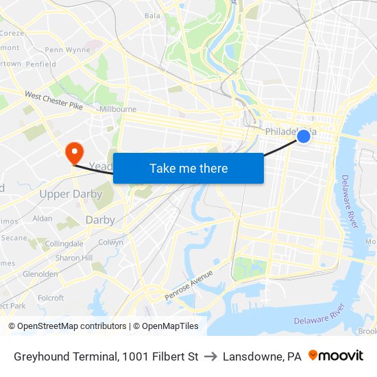 Greyhound Terminal, 1001 Filbert St to Lansdowne, PA map