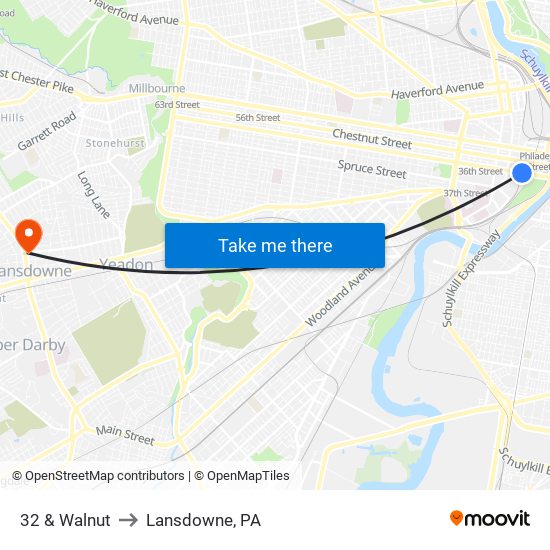 32 & Walnut to Lansdowne, PA map