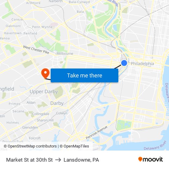 Market St at 30th St to Lansdowne, PA map