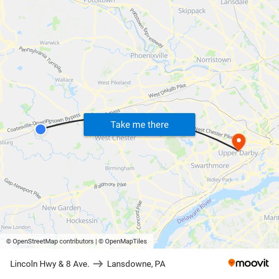 Lincoln Hwy & 8 Ave. to Lansdowne, PA map
