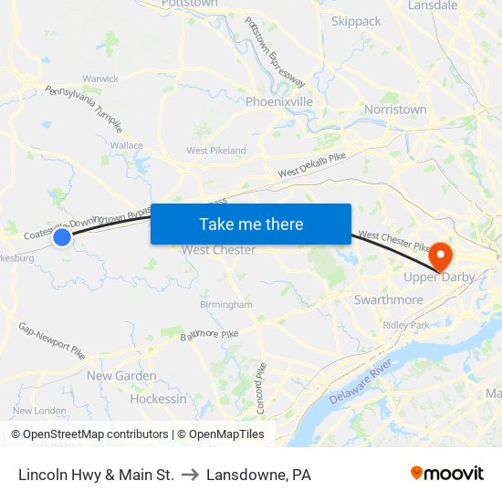 Lincoln Hwy & Main St. to Lansdowne, PA map