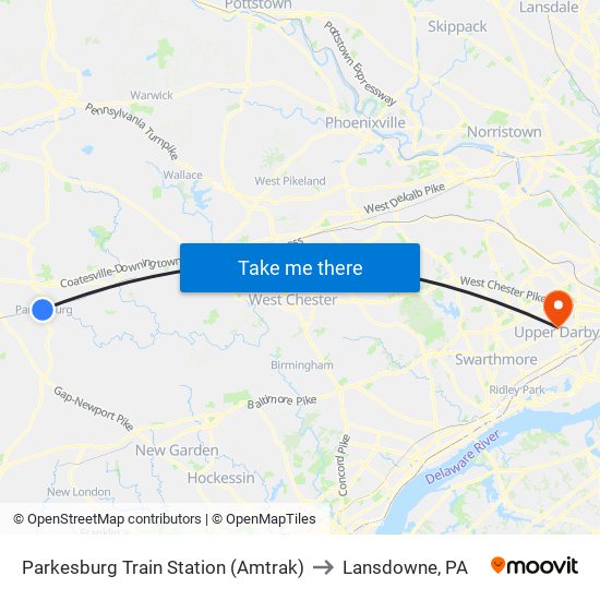 Parkesburg Train Station (Amtrak) to Lansdowne, PA map