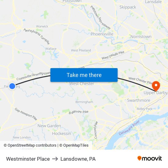 Westminster Place to Lansdowne, PA map