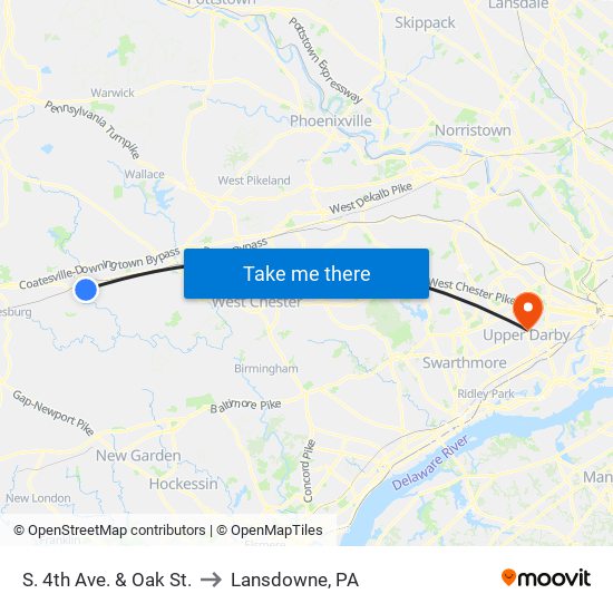 S. 4th Ave. & Oak St. to Lansdowne, PA map