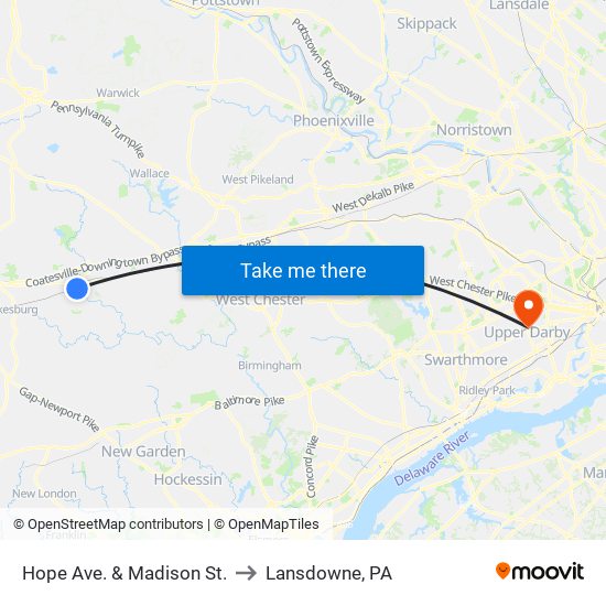 Hope Ave. & Madison St. to Lansdowne, PA map