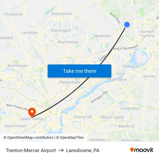 Trenton-Mercer Airport to Lansdowne, PA map
