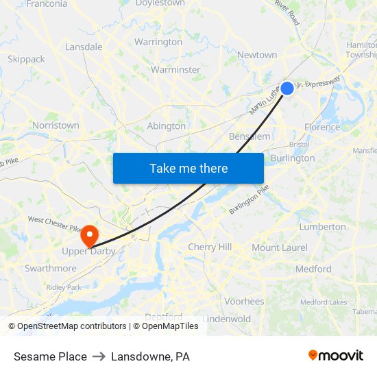 Sesame Place to Lansdowne, PA map