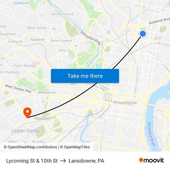 Lycoming St & 10th St to Lansdowne, PA map