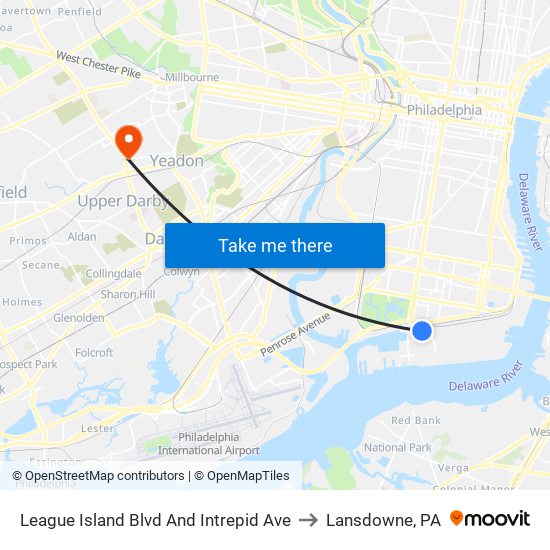 League Island Blvd And Intrepid Ave to Lansdowne, PA map